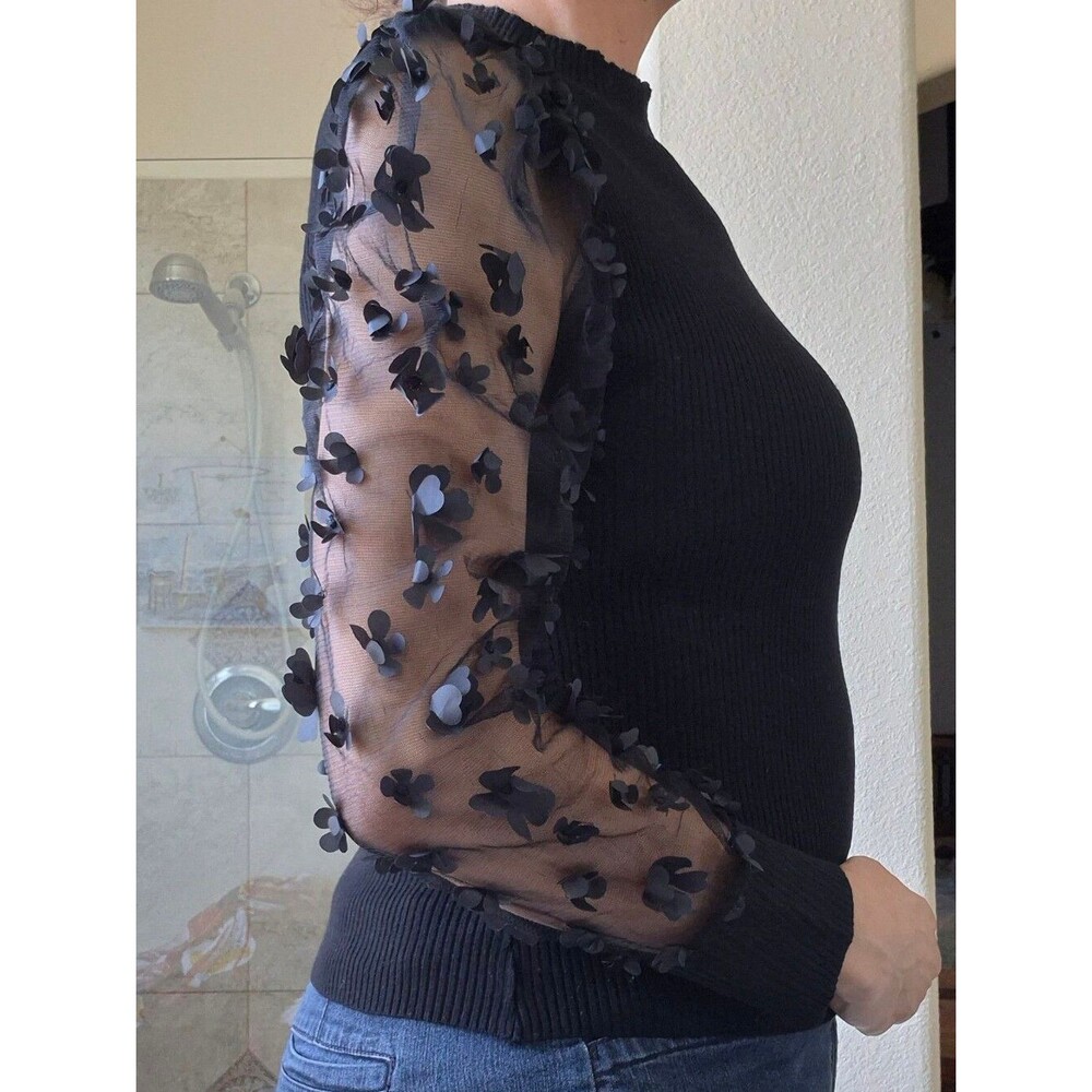 Almost Famous, Ribbed, Mock Sweater, with 3D Floral Mesh Sleeves - Picture 14 of 16